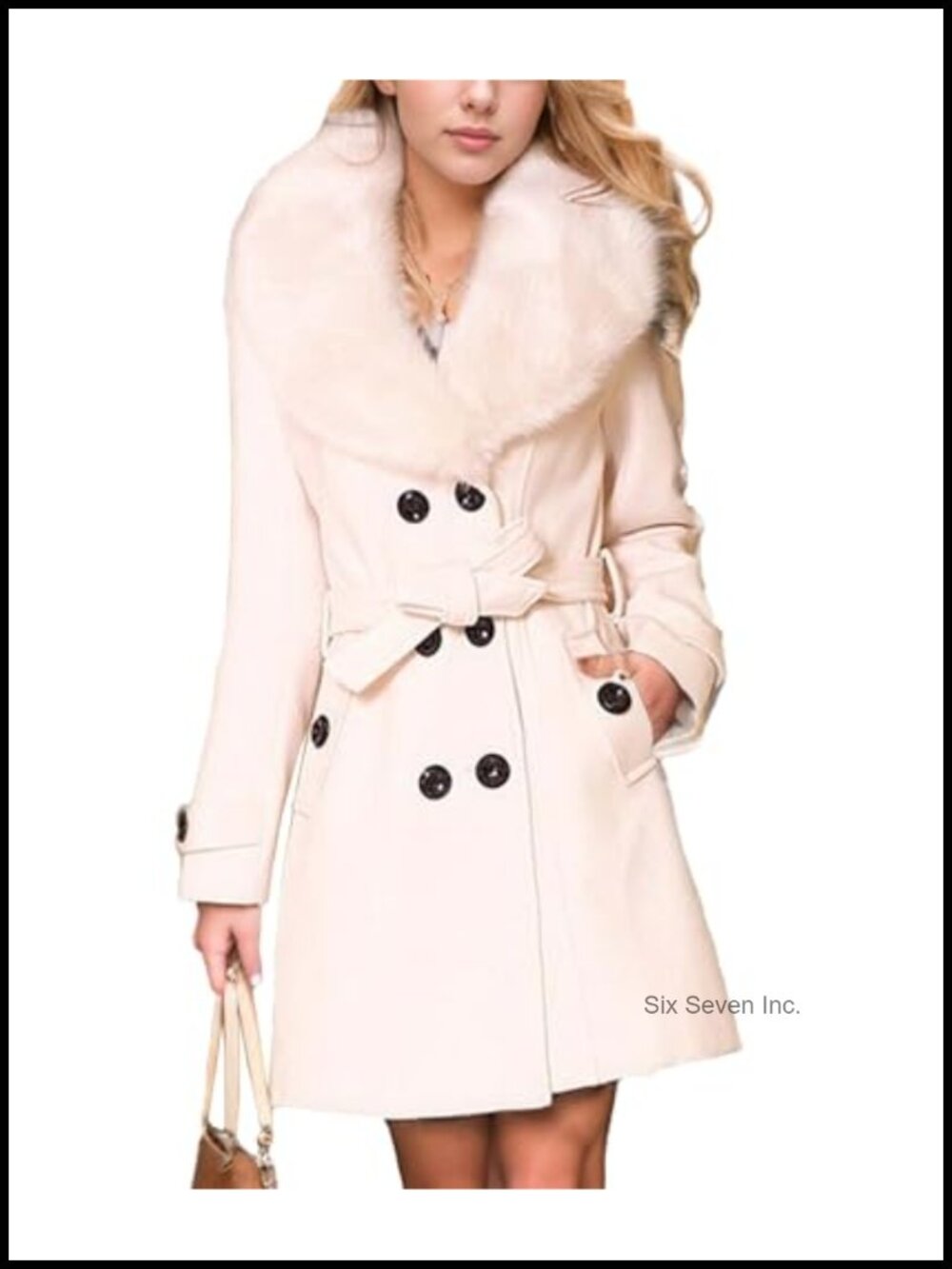 Womens Faux Fur Collar Double Breasted Belted Wool Blend Trench Coat